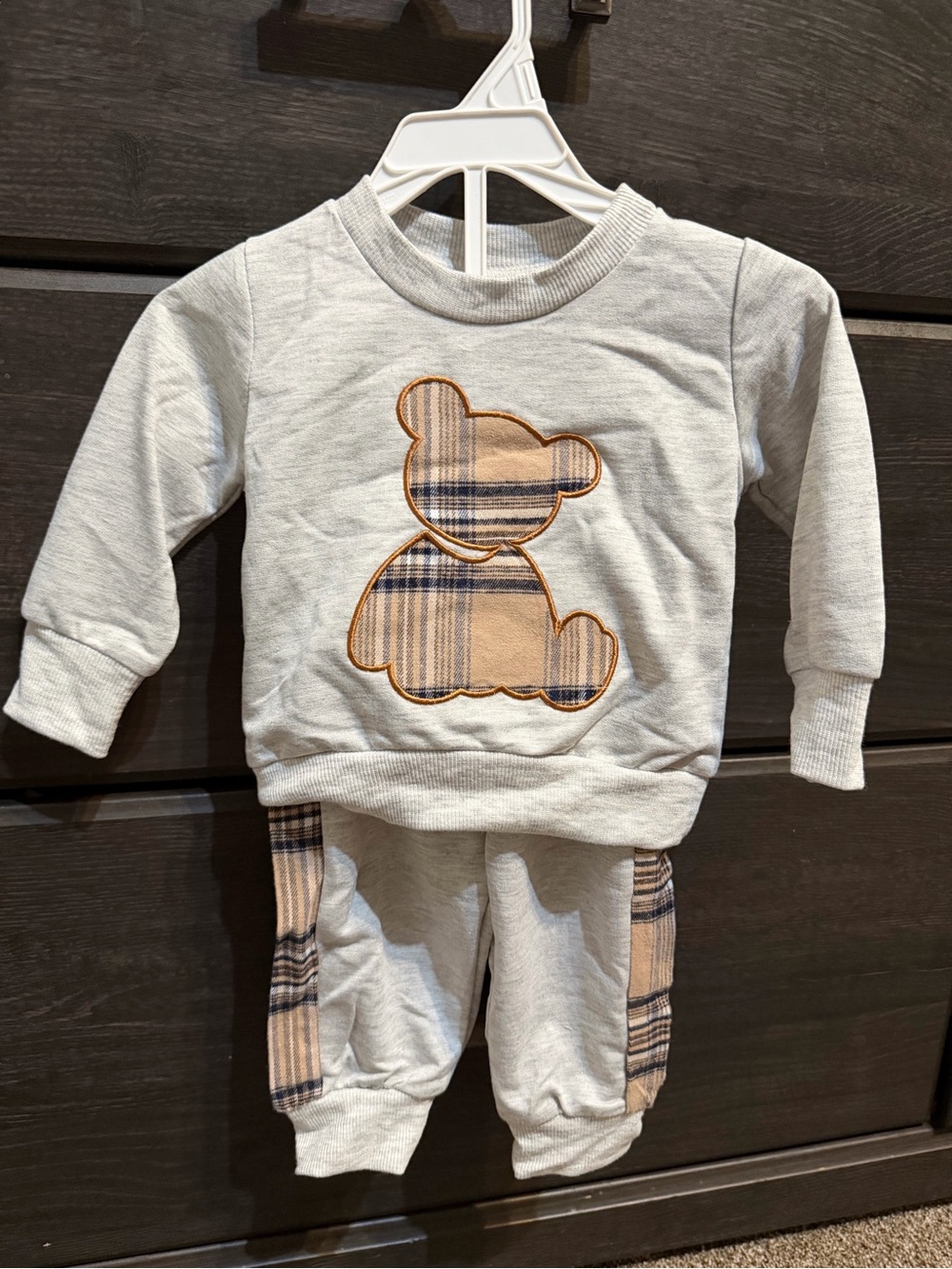 Baby Neutral Bear Appliqué Two-Piece Set - Cream & Plaid
